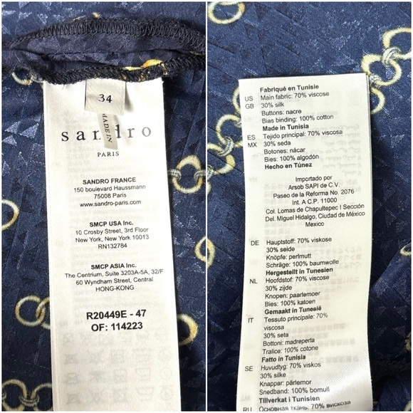 SANDRO Silk Satin Chain Print Draped V-Neck Long Bell Sleeve Ruffle Hem Dress XS - Picture 10 of 11